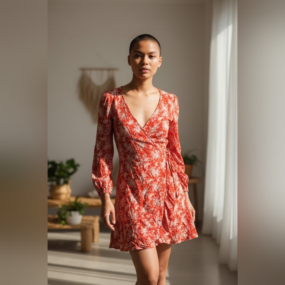 American Eagle Outfitters Red Floral Long Sleeve Wrap Dress